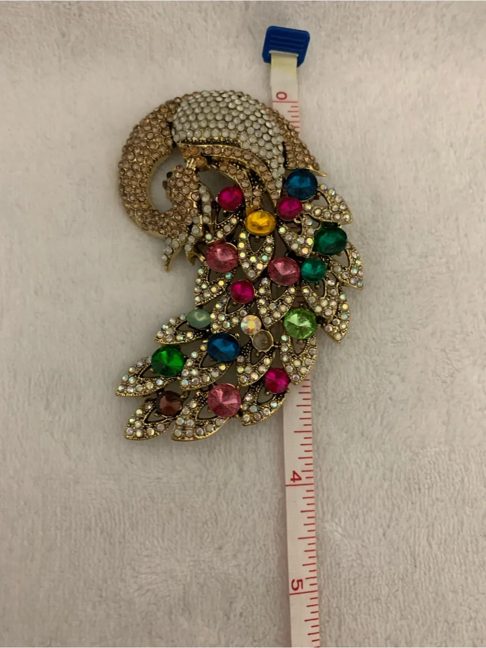 Multicolor Crystal Peacock Feather Brooch - Gold Tone